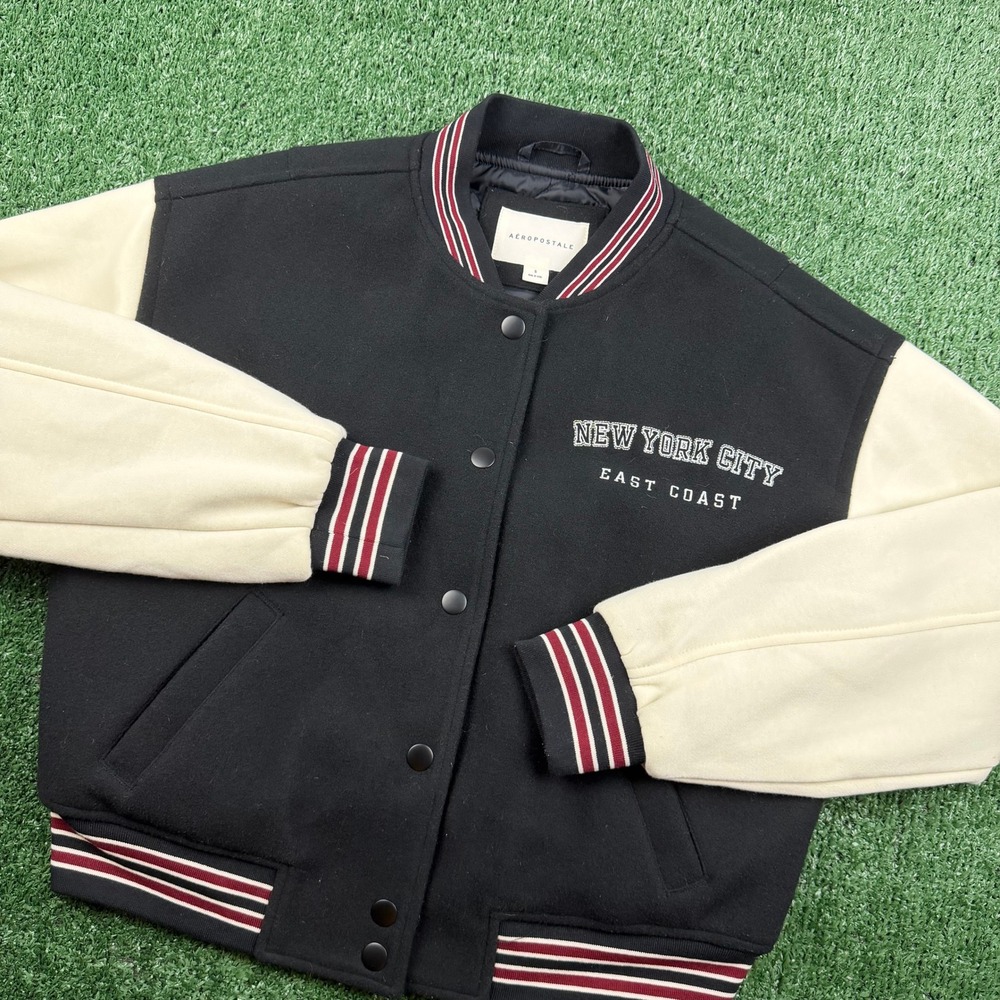 Aeropostale New York City Varsity Bomber Jacket Black Cream Small Collegiate
